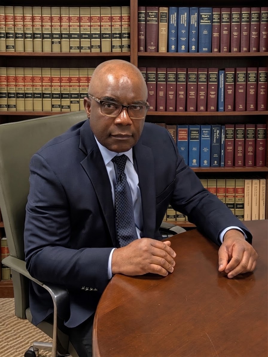 Michael C. Meribe, managing attorney, seated at a conference table in front of the firm's law library.